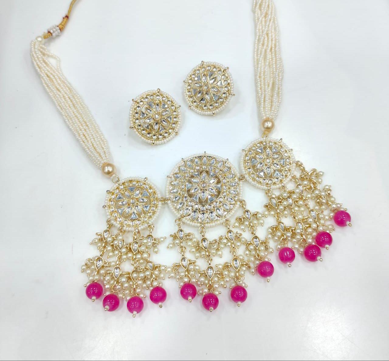 Kundan Gold Pearl Necklace & Earings Set- Fuschia