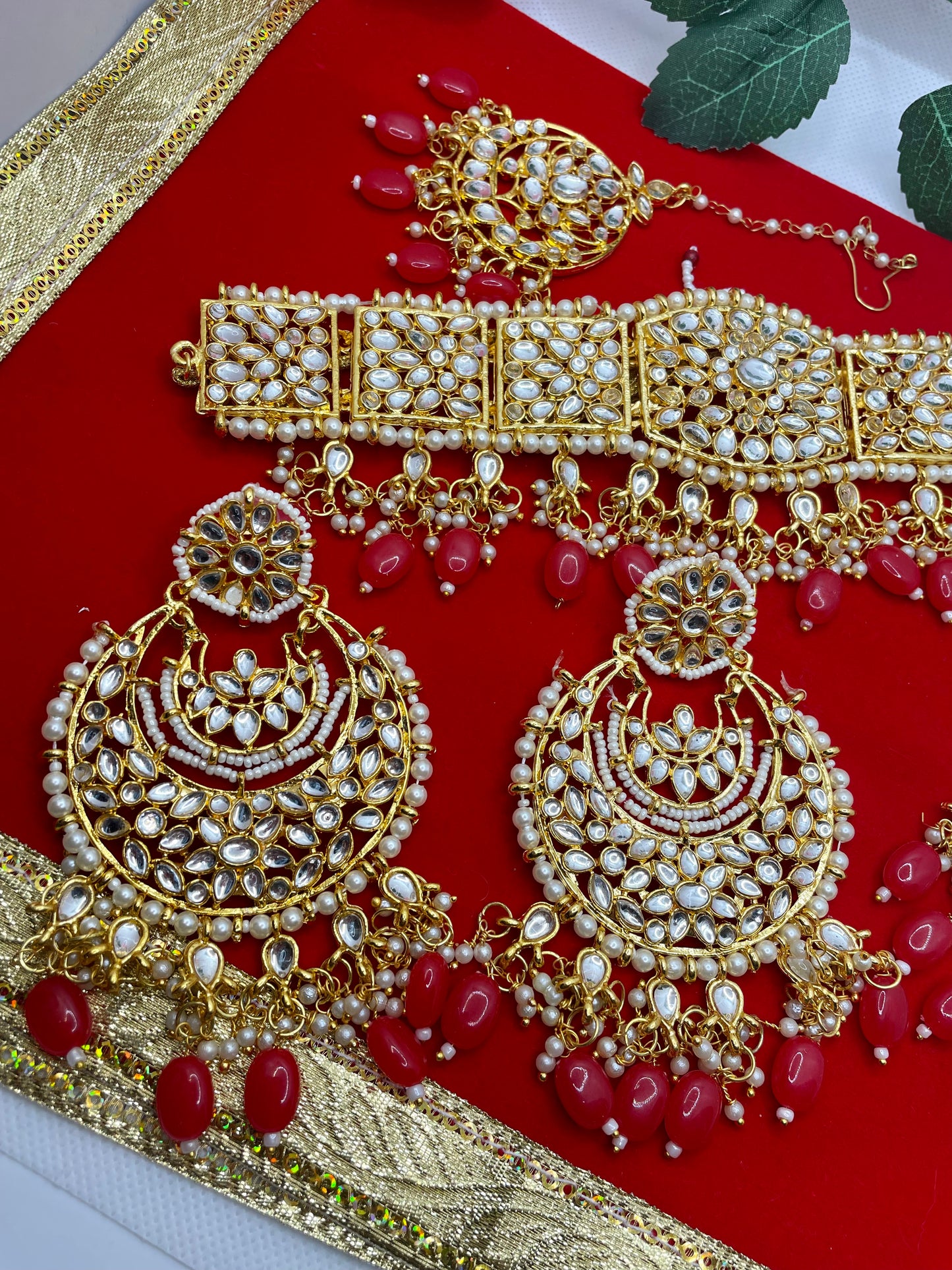 Kundan Gold Pearl Choker, Earings, Maang Tikka & Paasha Set- Ruby Red