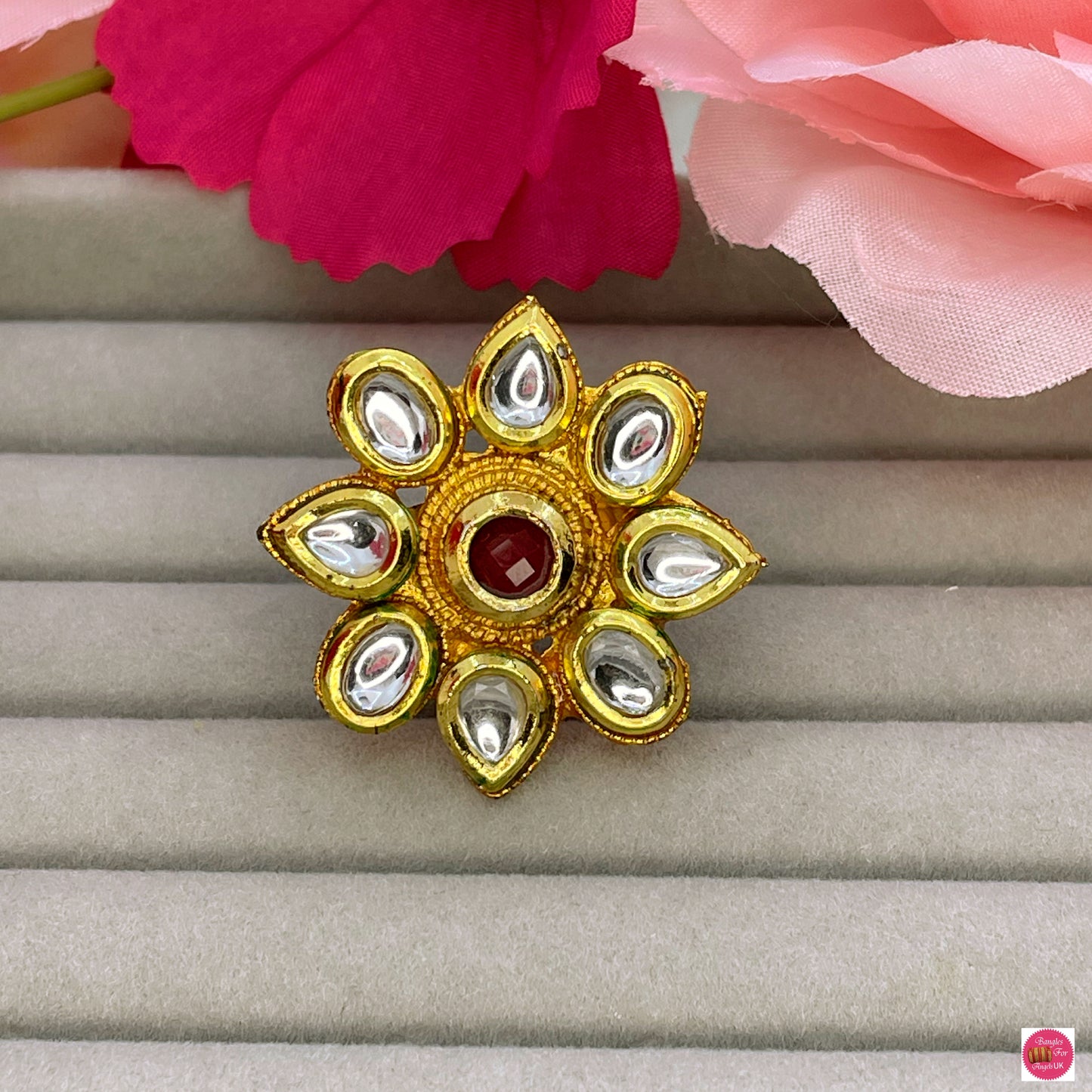 Kundan Flower Adjustable Cocktail Ring- Red