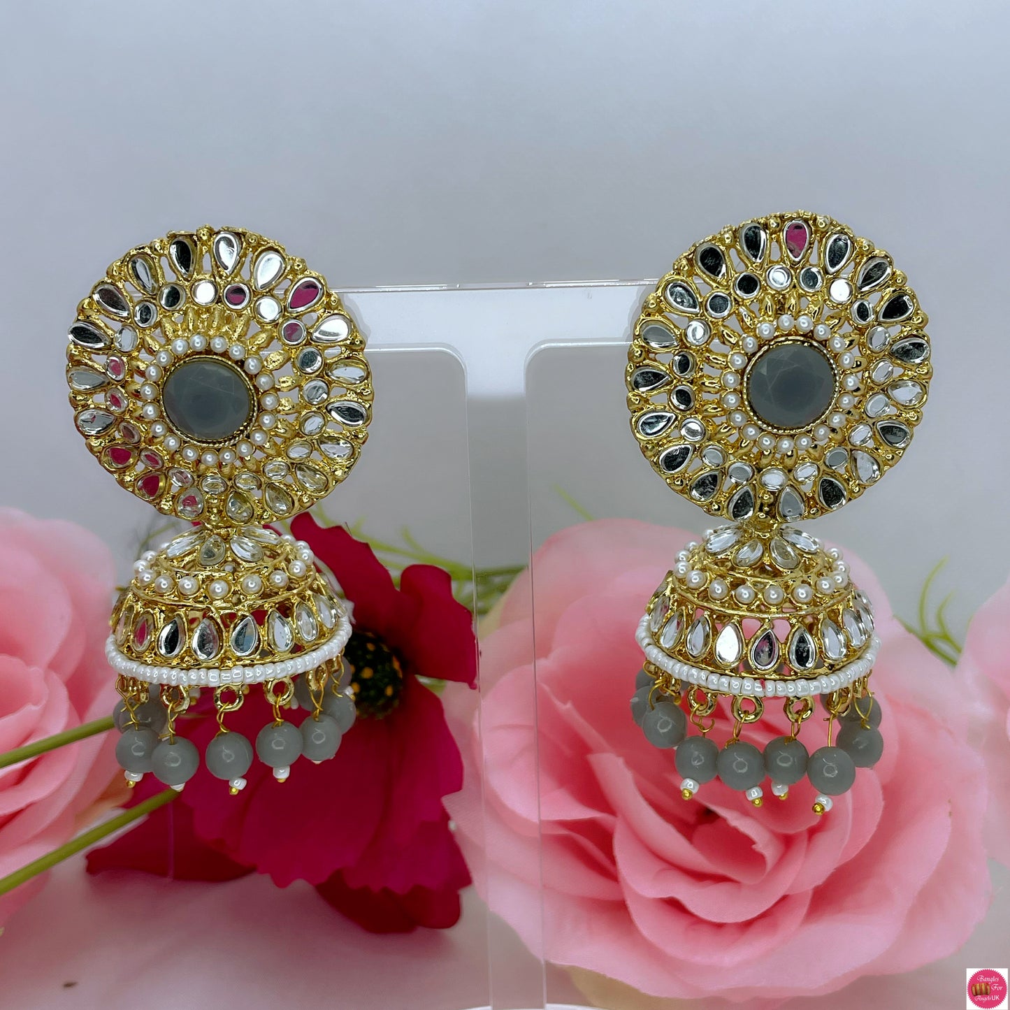 Madhubala Kundan Jhumkas- Grey