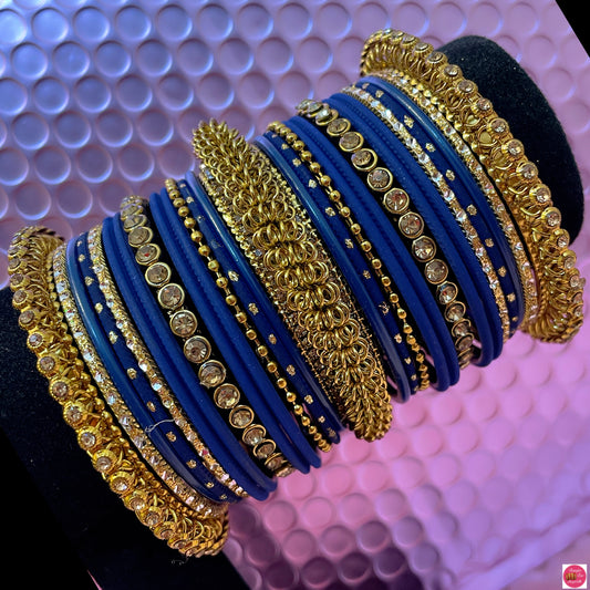 Gold Diamante Metal Bangles Set- Navy Blue