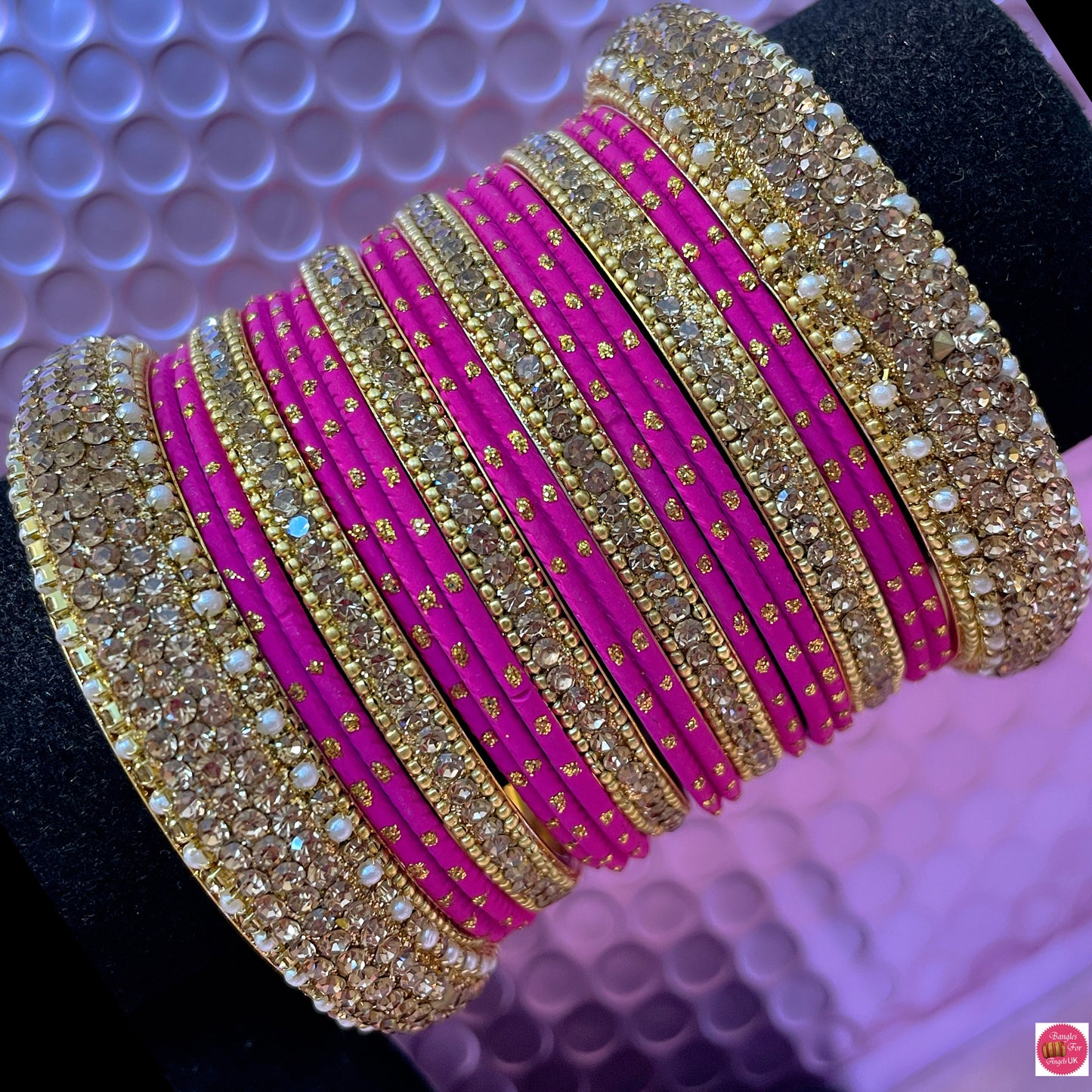 Pearl Metal Bangles Set- Hot Pink