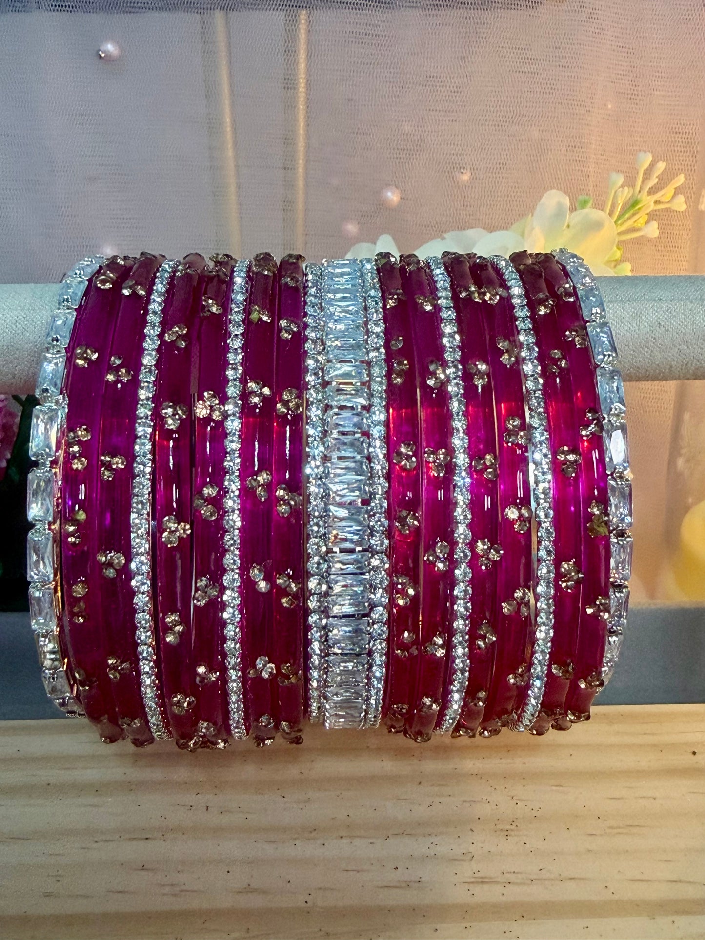 Silver Stone Hot Pink Glass Bangles Set