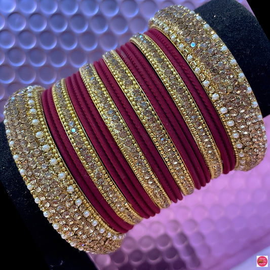 Gold Pearl Metal Bangles Set- Maroon