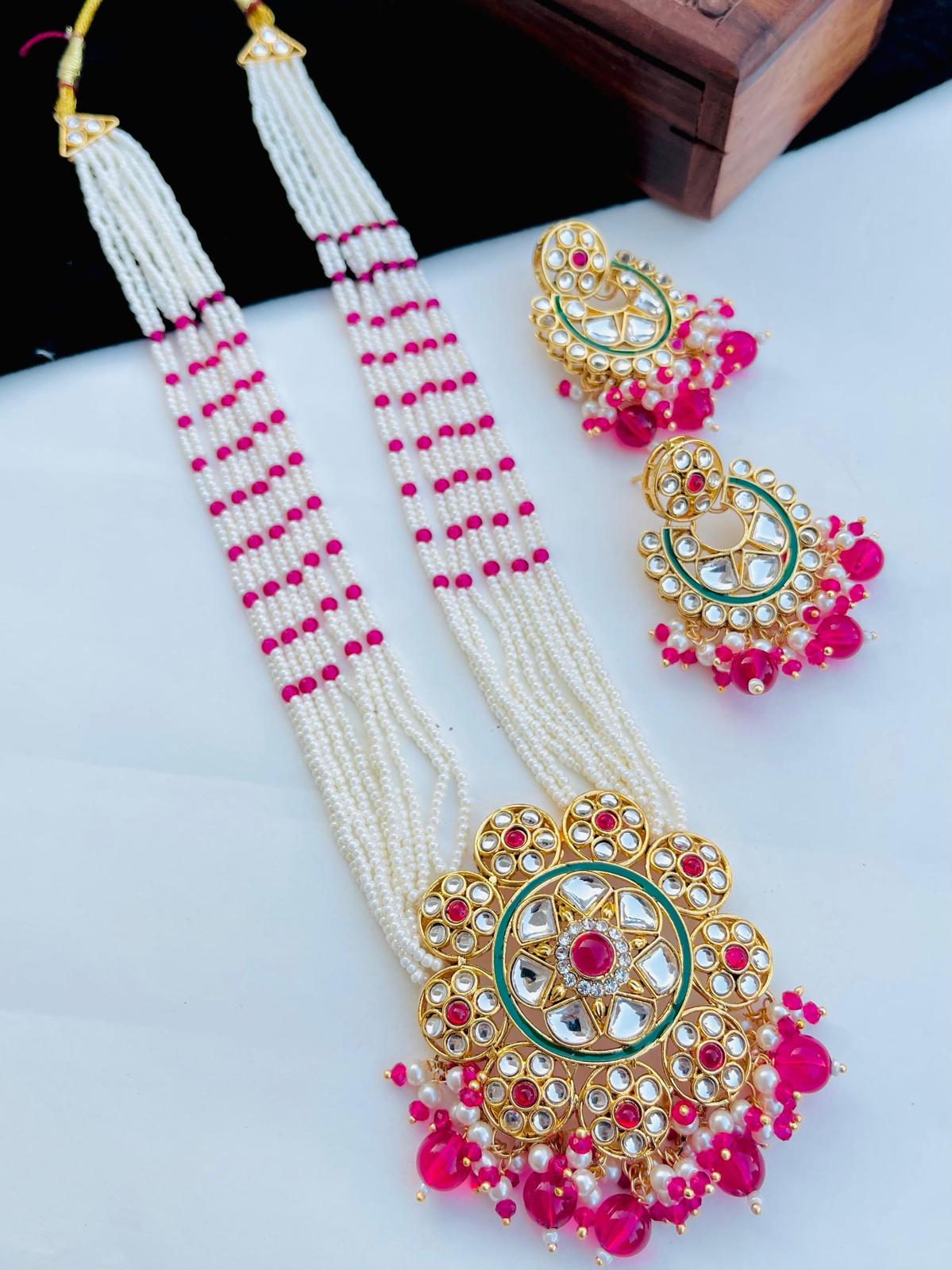 Kundan Pearl Hot Pink Long Necklace & Earings Set