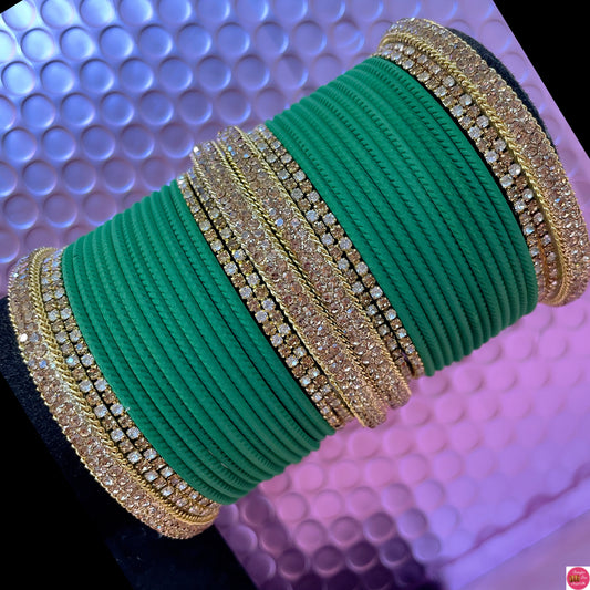 Gold Zirconia Metal Bangles Set- Green