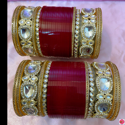 Kundan Mirror Punjabi Bridal Chura Bangles Set- Cherry Red/Maroon