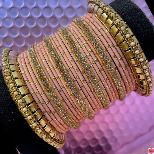 Gold Zirconia Metal Bangles Set- Peach