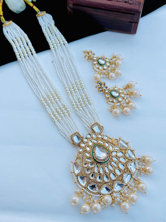 Kundan White Pearl Long Necklace & Earings Set