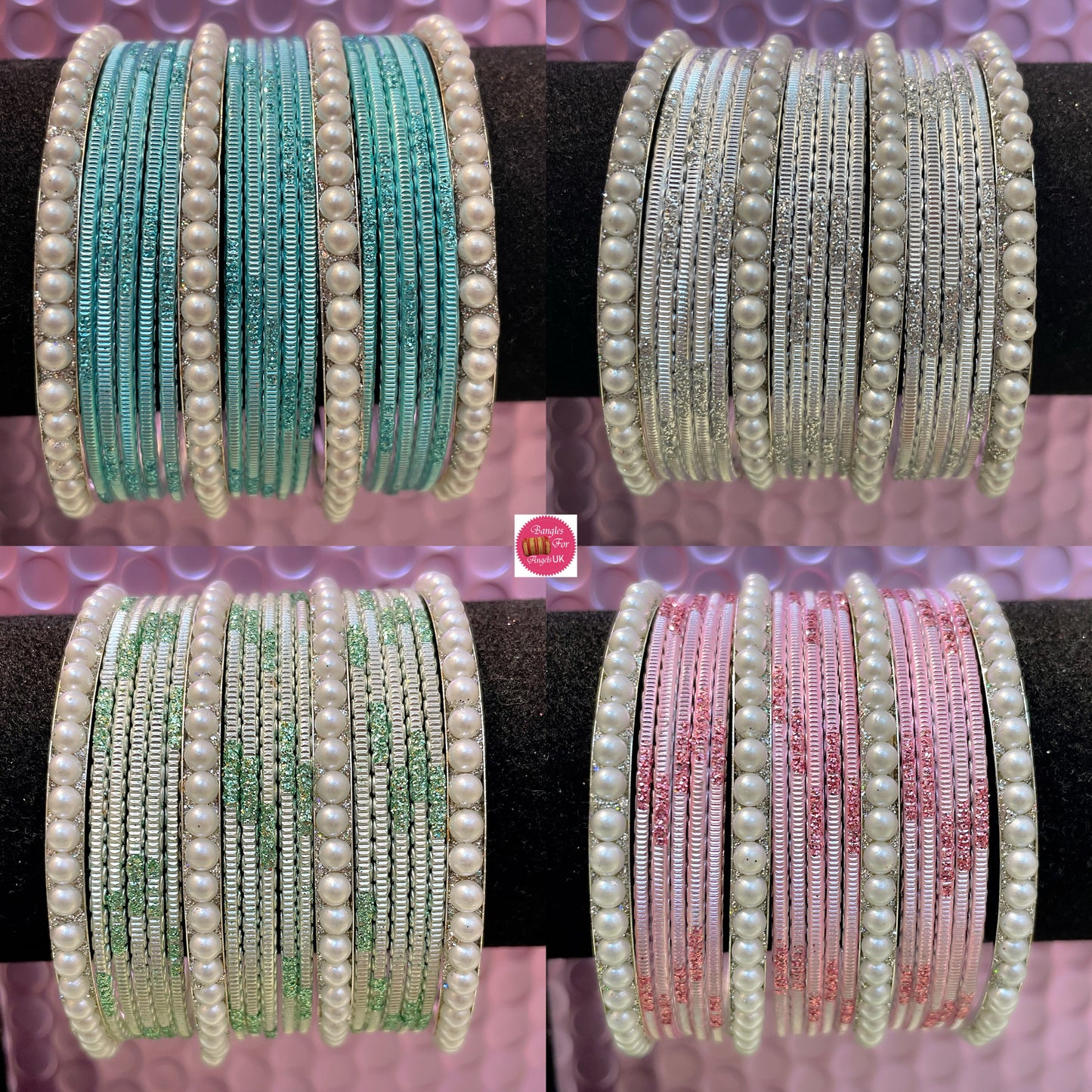 Silver Pearl Metal Bangles Sets- Various Colors