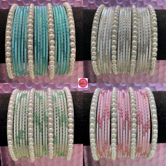 Silver Pearl Metal Bangles Sets- Various Colors