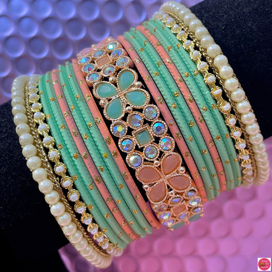 Pearl Metal Bangles Set- Mint Green/Peach