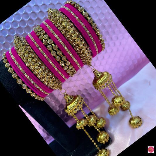 Gold Hanging Metal Bangles Set- Hot Pink/Raani