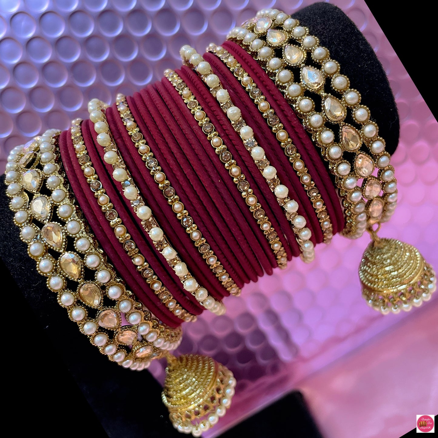 Kundan Pearl Hanging Metal Bangles Set- Maroon