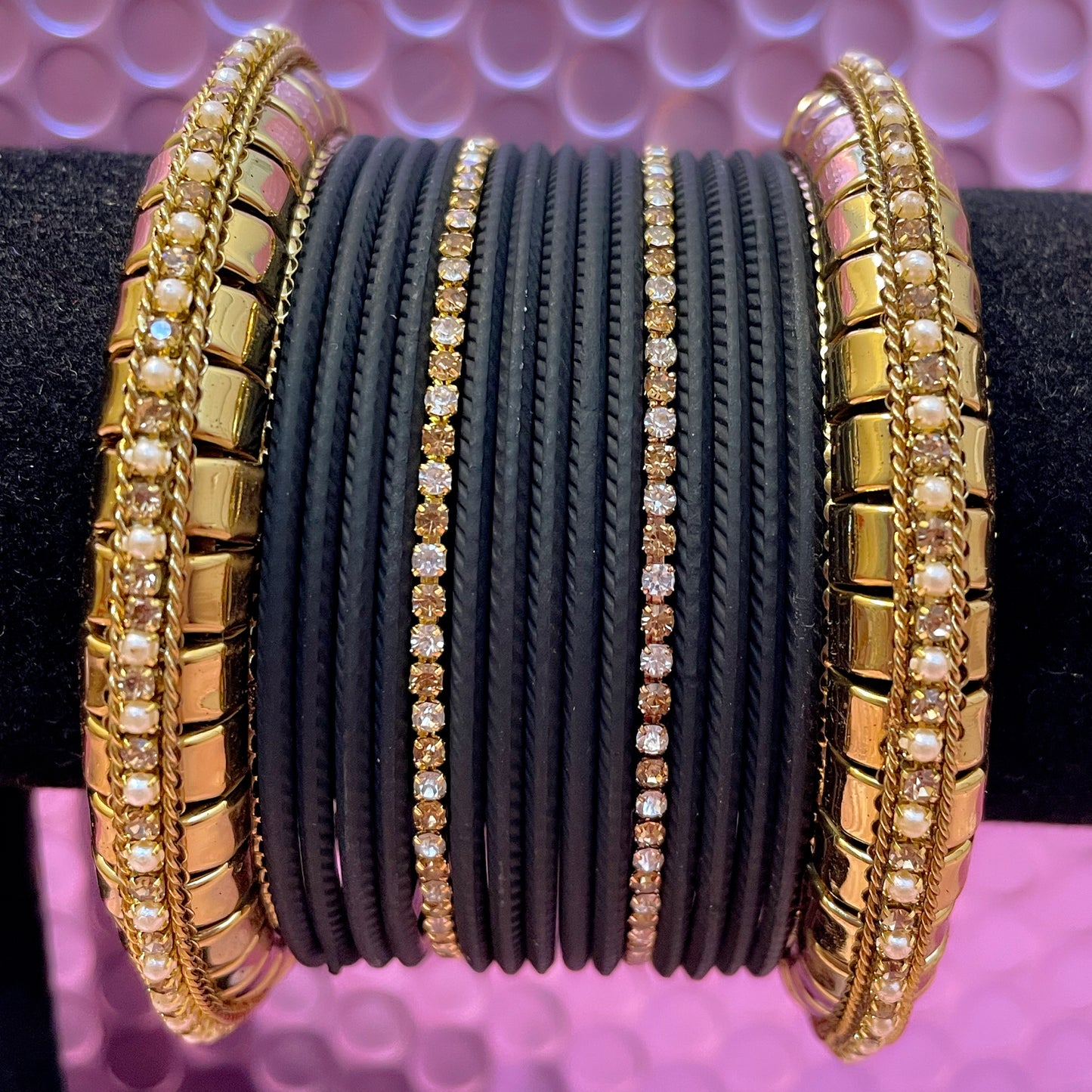 Gold Pearl Zirconia Metal Bangles Sets- Various Colours