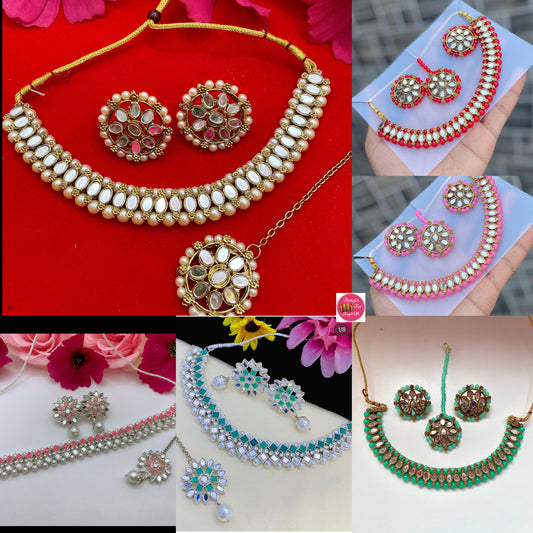 Assorted Mirror Pearl Choker, Earings & Maang Tikka Sets Combo of 6 sets