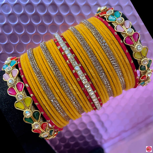 Multicoloured Zirconia Metal Bangles Set- Yellow
