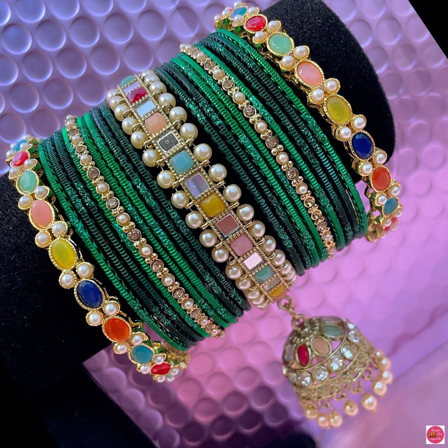 Kundan Pearl Hanging Metal Bangles Set- Green