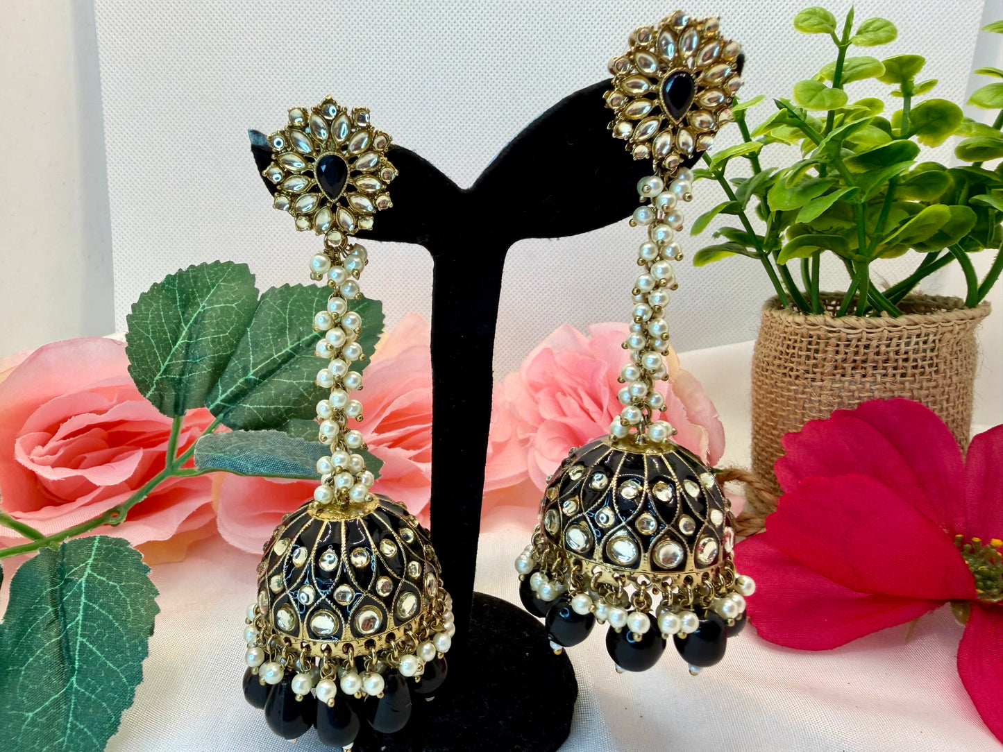 Kundan Pearl Black Jhumkas
