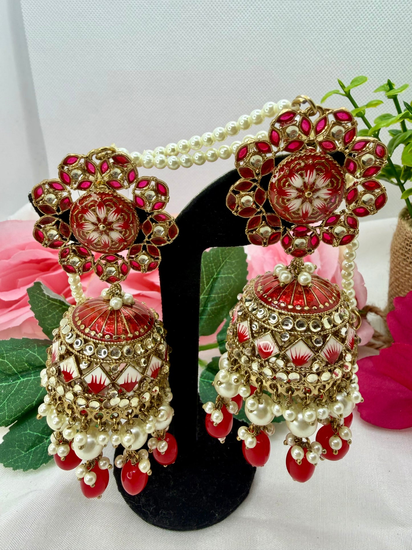 Kundan Pearl Red Jhumka’s
