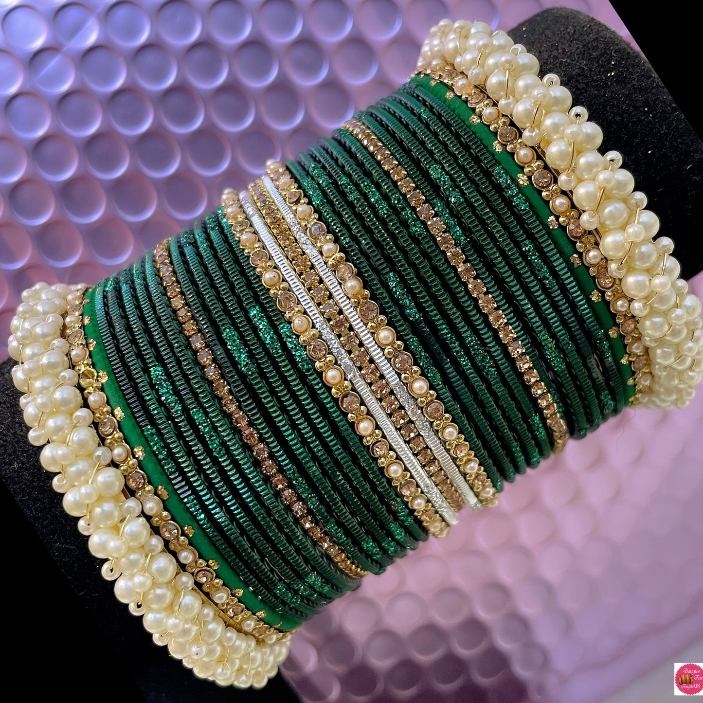 Pearl Zirconia Metal Bangles Set- Green