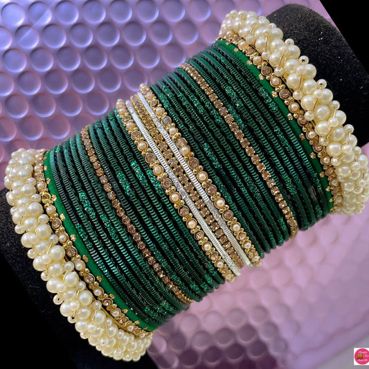 Pearl Zirconia Metal Bangles Set- Green