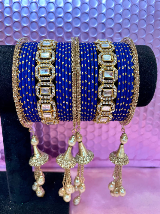 Gold Zirconia Metal Bangles Set- Blue