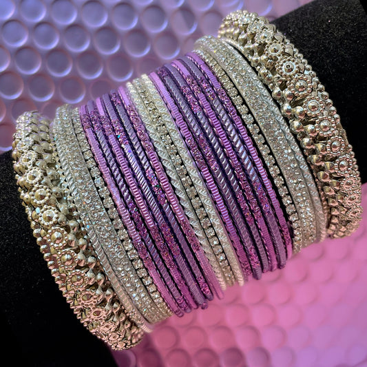 Silver Zirconia Metal Bangles Set- Lilac/Lavender