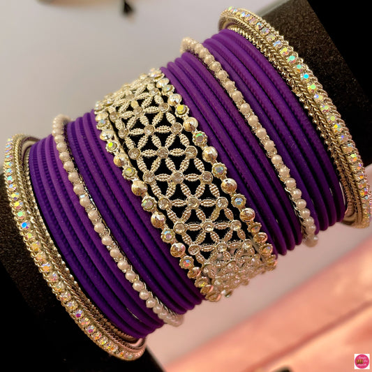 Silver Pearl Metal Bangles Set- Cadbury Purple