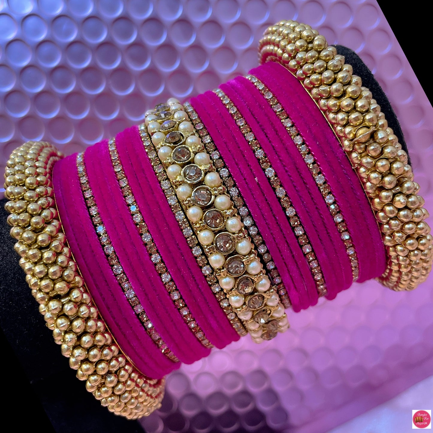 Gold Pearl Zirconia Metal Bangles Set- Hot Pink