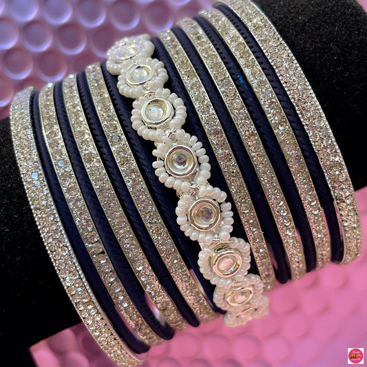 Silver Pearl Metal Bangles Set- Navy Blue