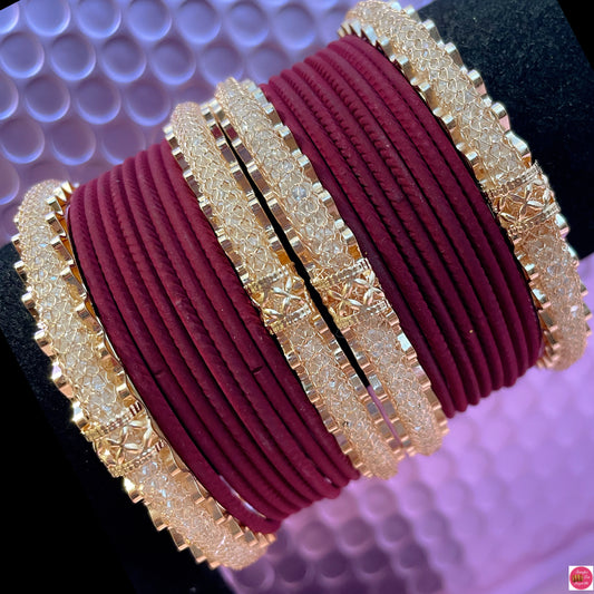 Gold Zirconia Metal Bangles Set- Maroon
