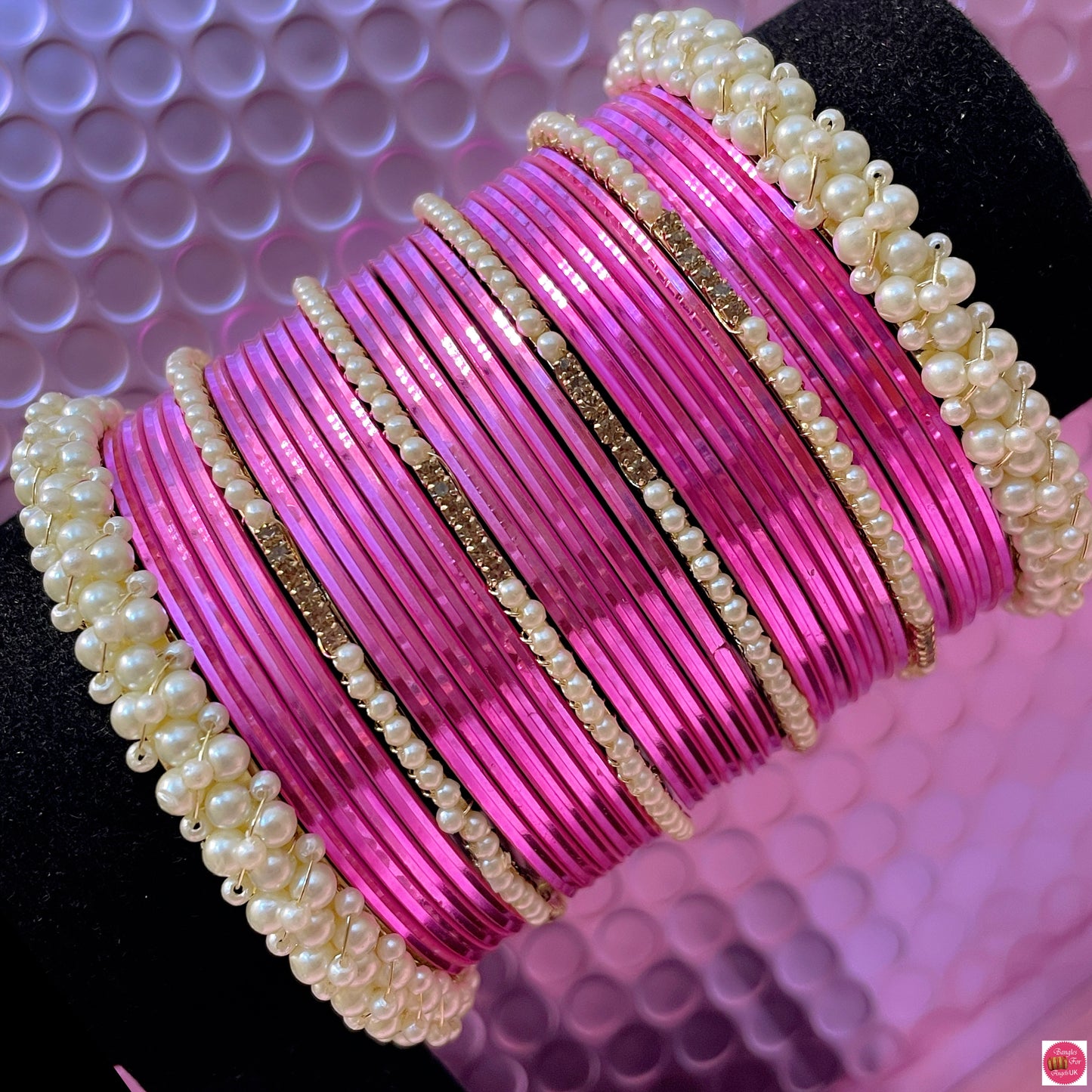 Pearl Metal Bangles Set- Pink