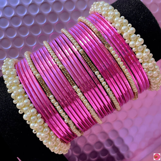 Pearl Metal Bangles Set- Pink