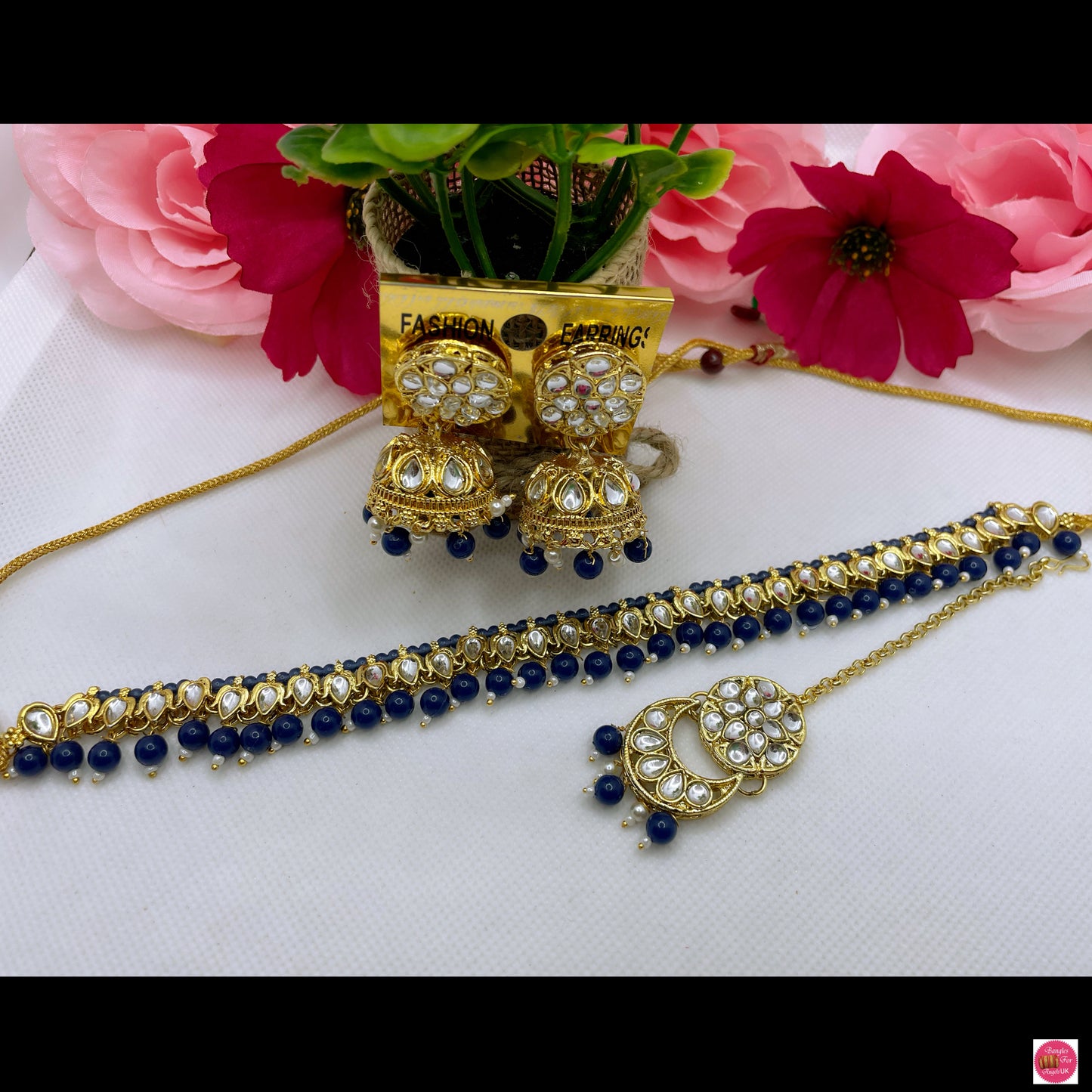 Kundan Choker, Earings & Maang Tikka Set- Navy Blue