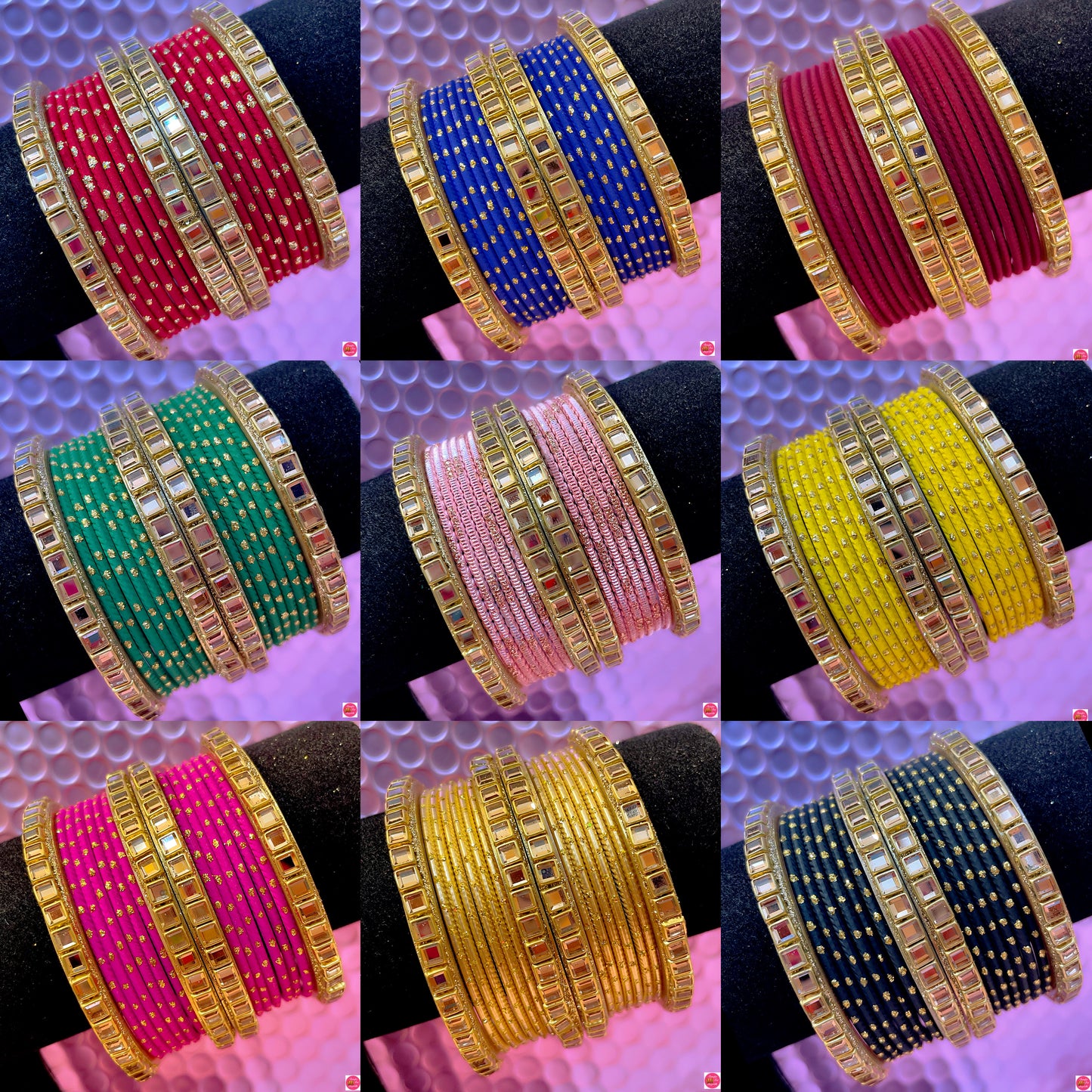 Kundan Metal Bangles Set- Various Colours