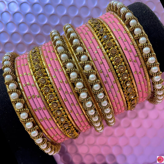 Pearl Metal Bangles Set- Peachy Pink