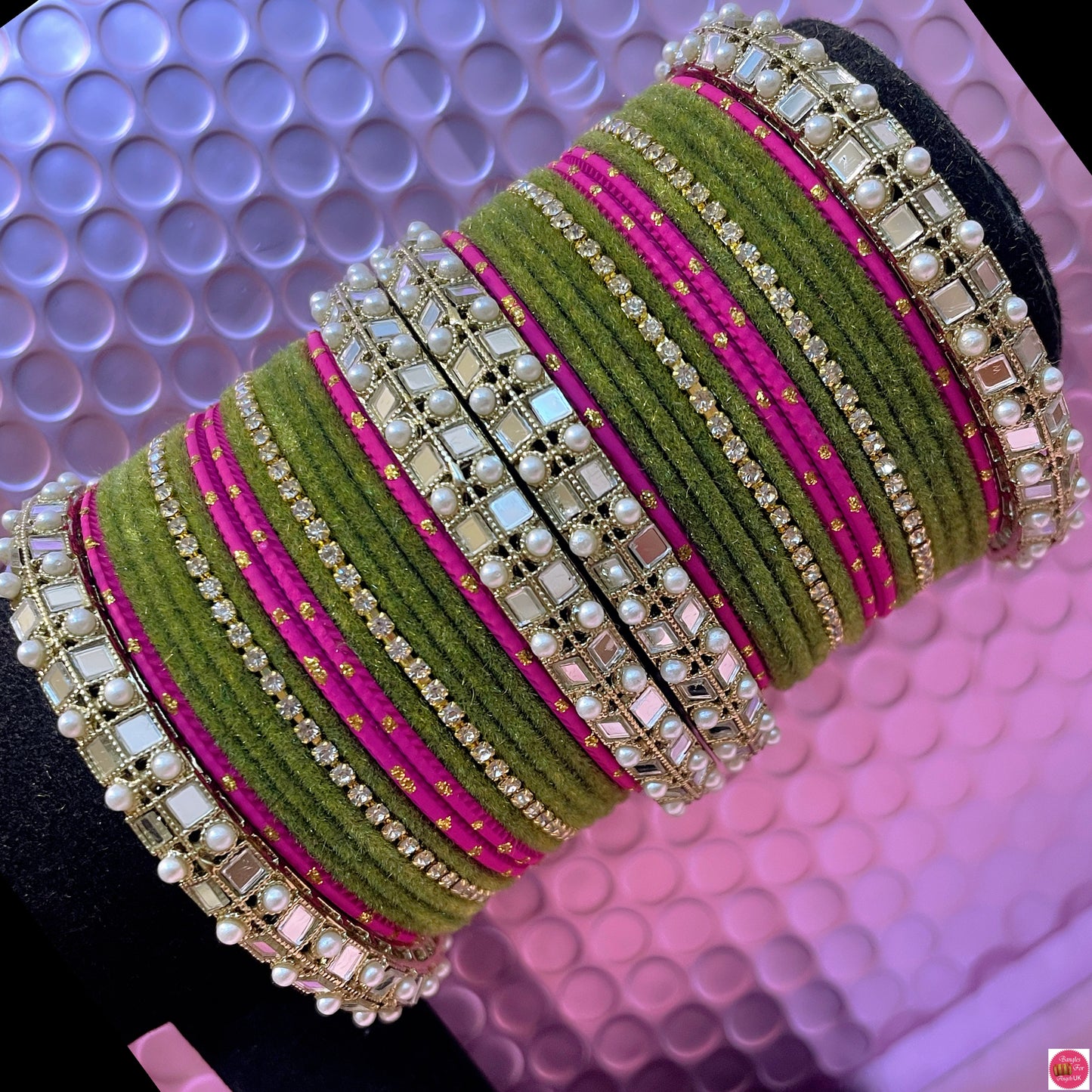 Pearl Mirror Zirconia Metal Bangles Set- Mehendi Green/Pink