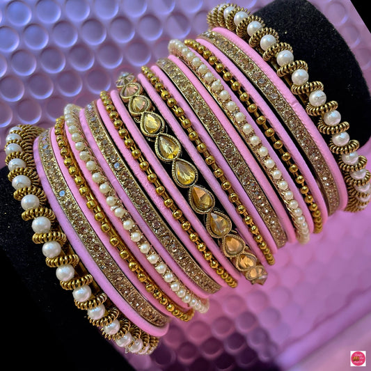 Kundan Pearl Metal Bangles Set- Light Pink