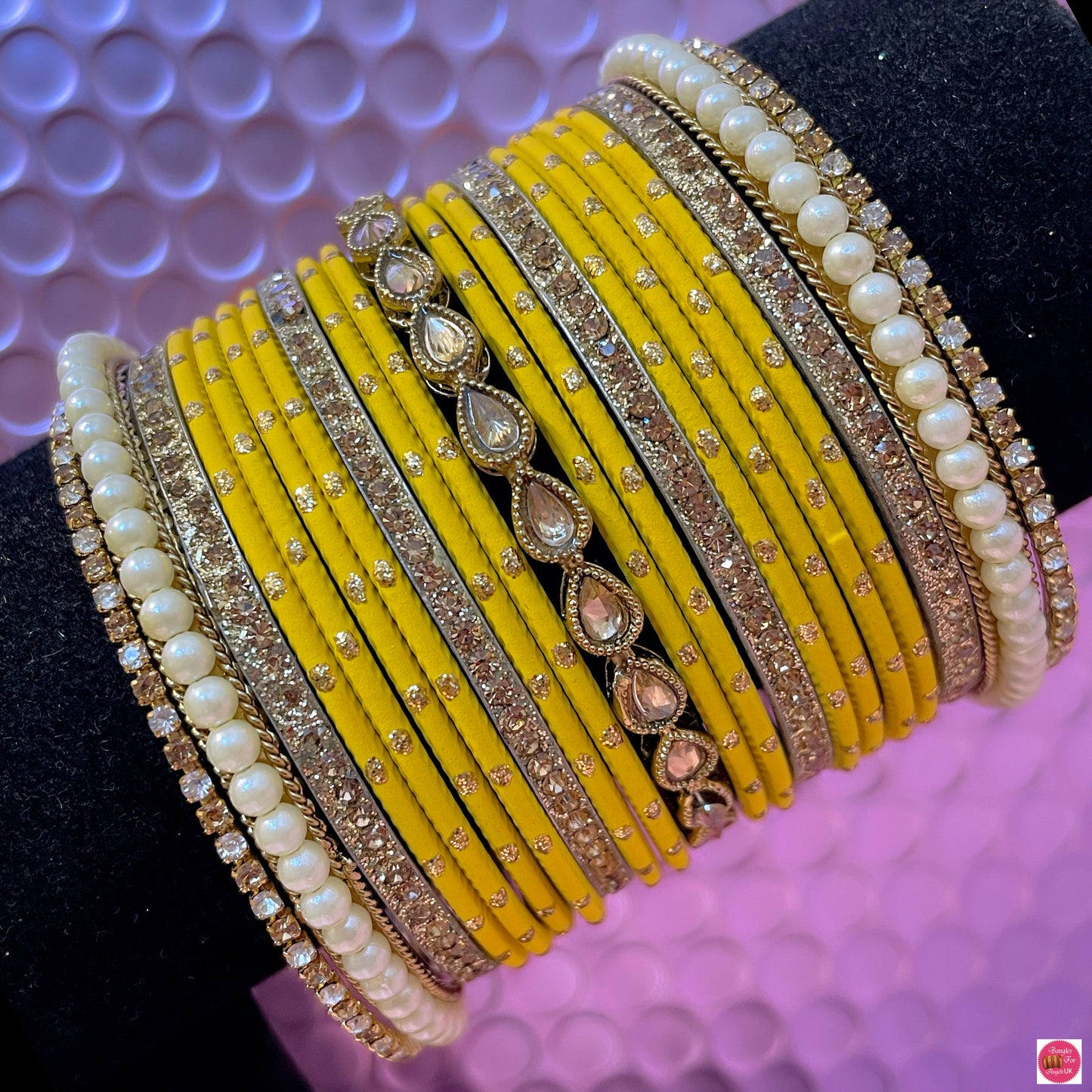 Kundan Pearl Metal Bangles Set- Various Colours