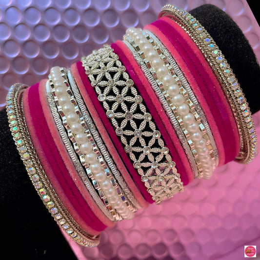 Silver Diamante Pearl Metal Bangles Set- Pink