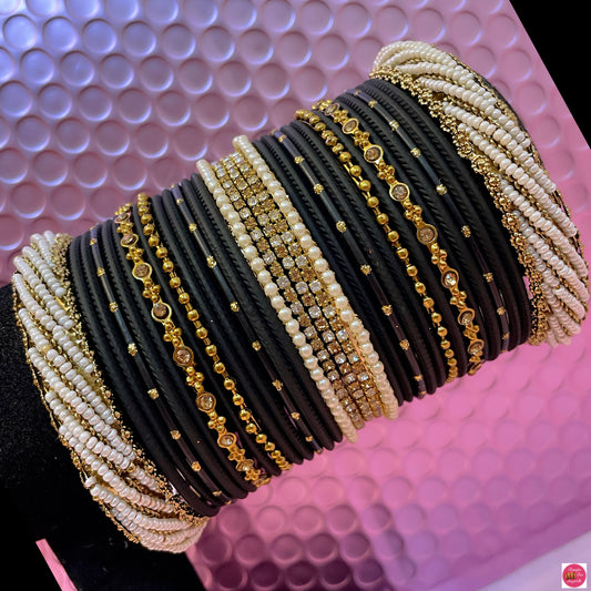 Pearl Zirconia Metal Bangles Set- Black