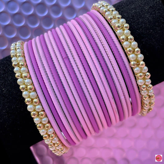 Pearl Metal Bangles Set- Pinks