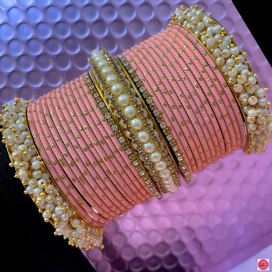 Pearl Zirconia Metal Bangles Set- Peach