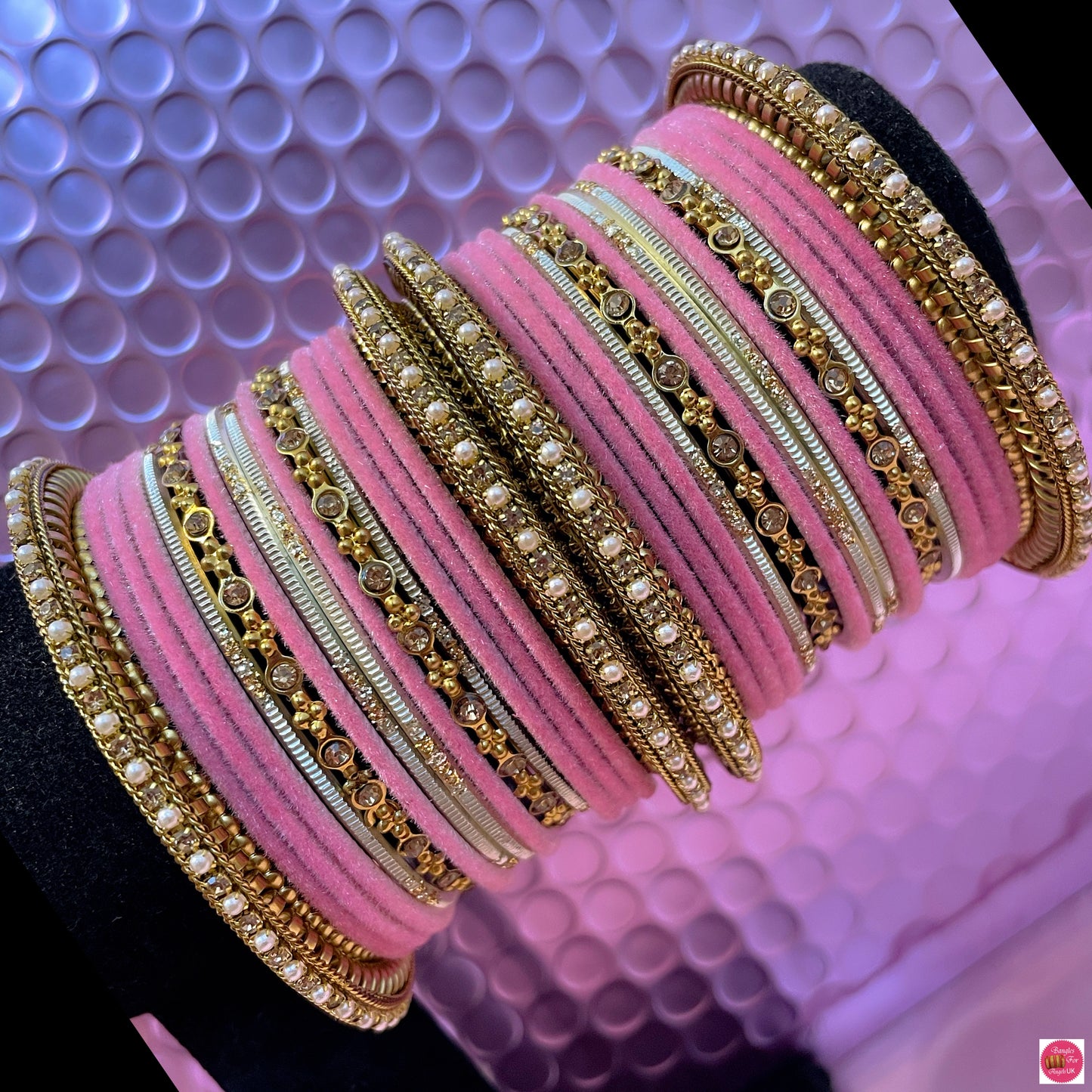 Gold Metal Bangles Set- Pink/Beige