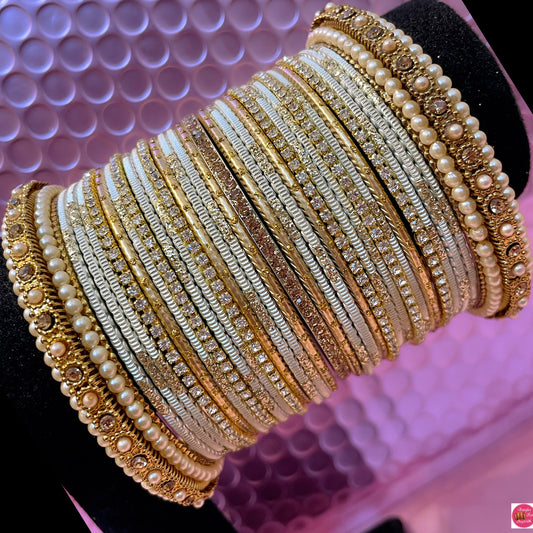Pearl Beige Zirconia Metal Bangles Set- Size 2.10
