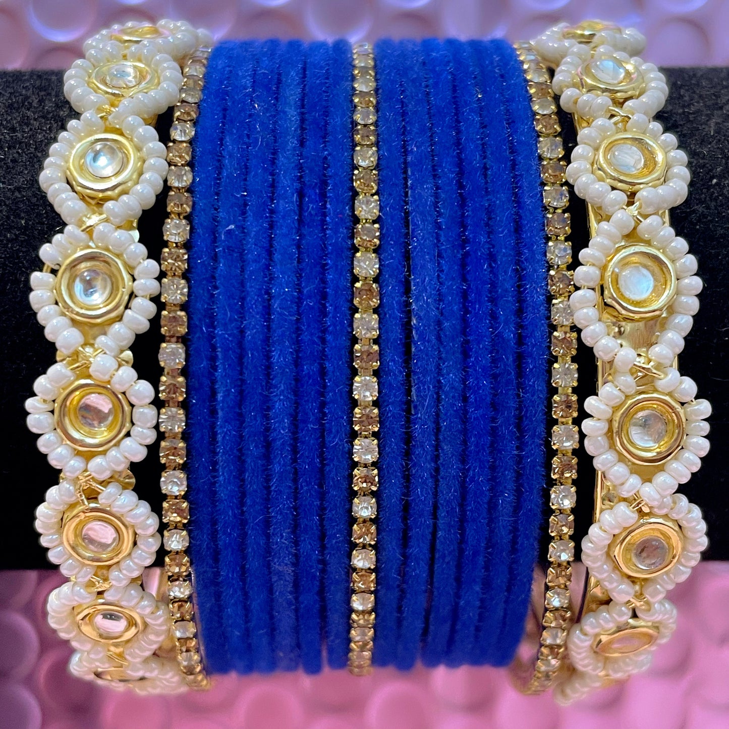 Pearl Zirconia Metal Bangles Set- Various Colours