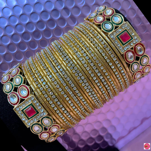 Kundan Zirconia Gold Metal Bangles Set