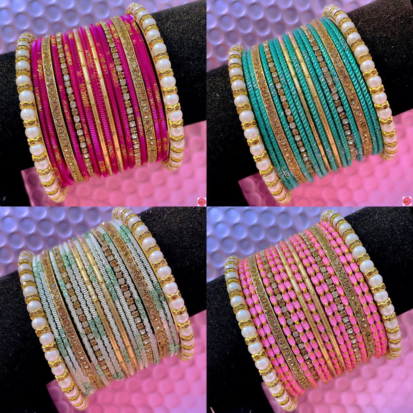 Pearl Zirconia Metal Bangles Set- Various Colours