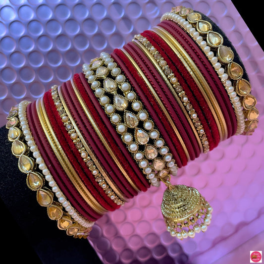 Kundan Pearl Hanging Metal Bangles Set- Maroon